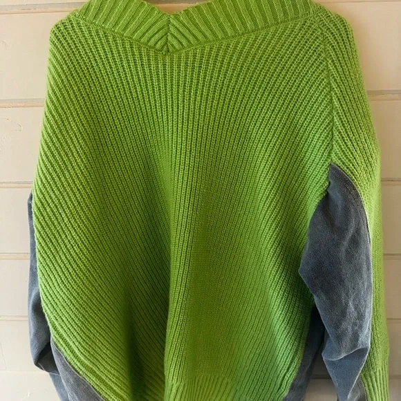 Pastels Clothing Lime Green Knit Cardigan with Embellished Denim Sleeve - Picture 3 of 3